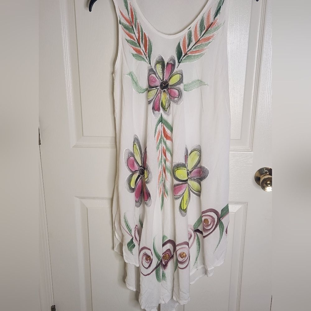 Somya Collection OneSize White Mlticlrd Embrdery FloralPrint Slvless Women Dress